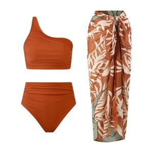 Elegant One-Shoulder Bikini Set with Sarong in Rust
